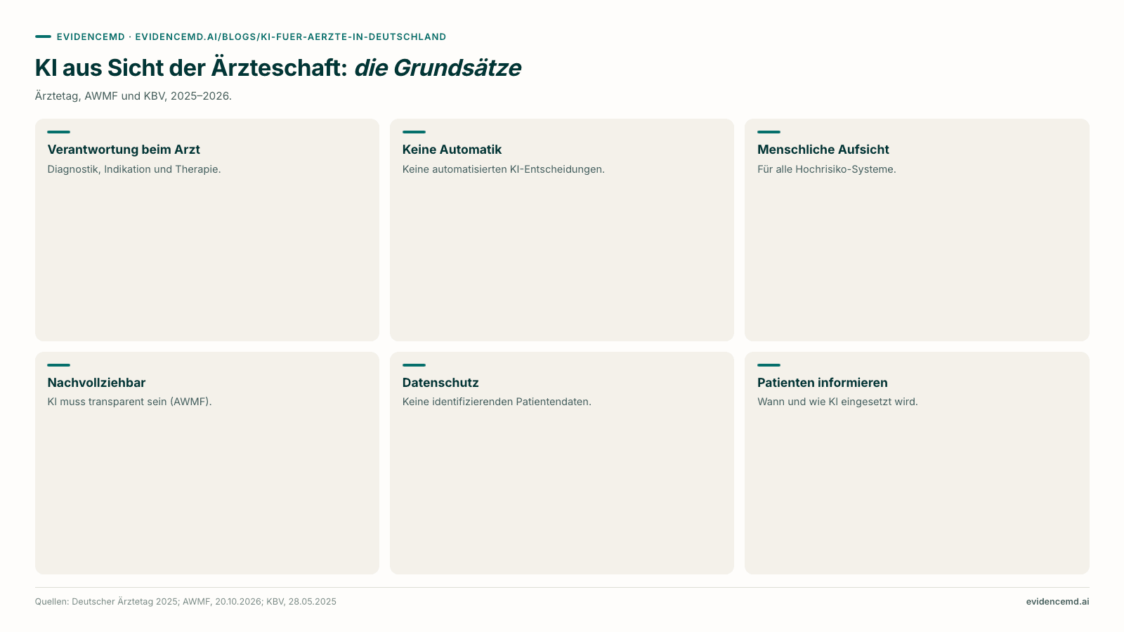 KI aus Sicht der Ärzteschaft: die Grundsätze: Verantwortung beim Arzt, Keine Automatik, Menschliche Aufsicht, Nachvollziehbar, Datenschutz, Patienten informieren.