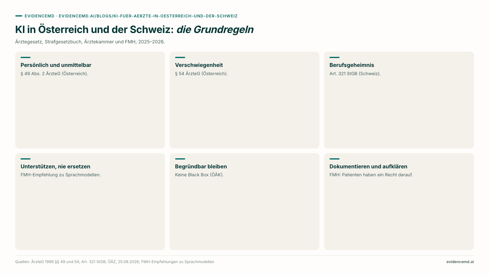 KI in Österreich und der Schweiz: die Grundregeln: Persönlich und unmittelbar, Verschwiegenheit, Berufsgeheimnis, Unterstützen, nie ersetzen, Begründbar bleiben, Dokumentieren und aufklären.
