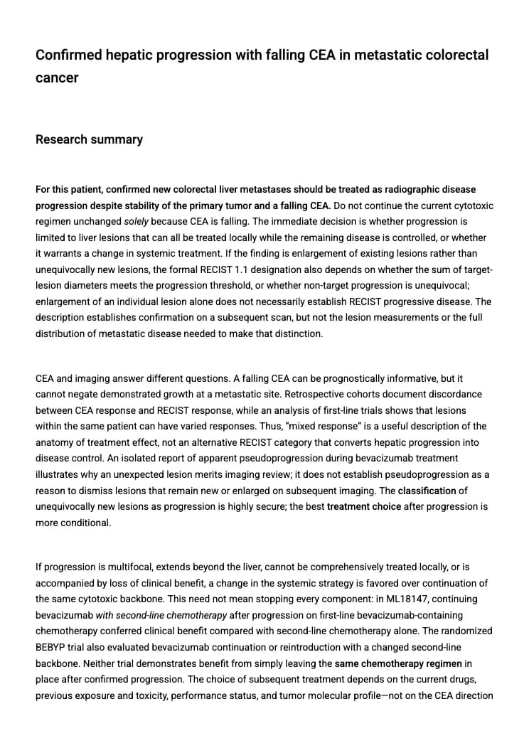 Confirmed hepatic progression with falling CEA in metastatic colorectal cancer: Page 1: the research summary