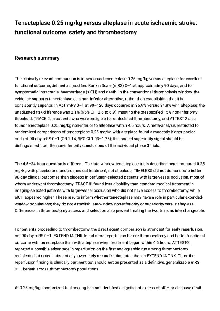 Tenecteplase 0.25 mg/kg versus alteplase in acute ischaemic stroke: functional outcome, safety and thrombectomy: Page 1: the research summary