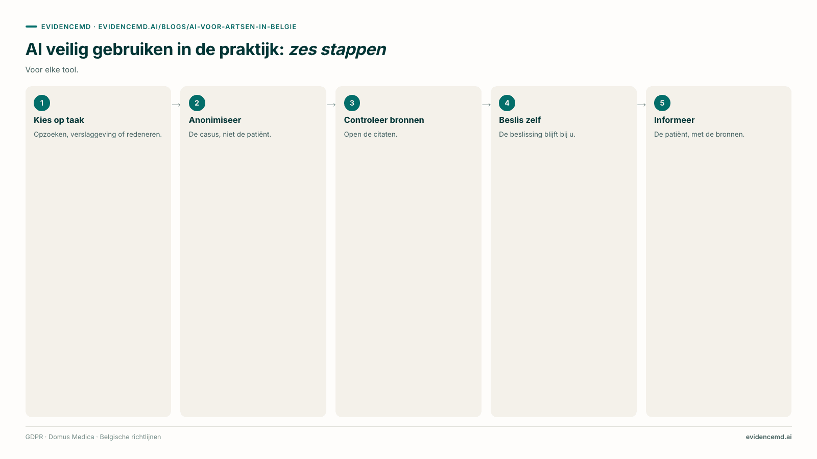 AI veilig gebruiken in de praktijk: zes stappen: 1 Kies op taak, 2 Anonimiseer, 3 Controleer bronnen, 4 Beslis zelf, 5 Informeer.